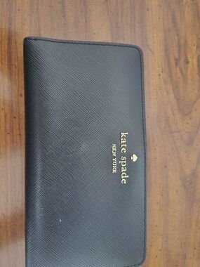 kate spade Black Saffiano Leather Continental Zip Wallet with Gold Logo